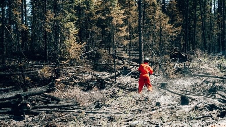 Firefighter battles smouldering fire. 