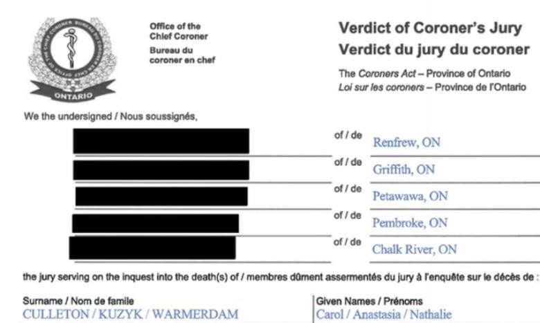 Renfrew Count coroner's inquest juror verdict sheet