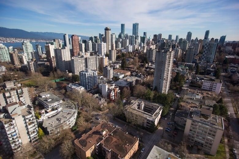 A bird's eye view of towering condos in downtown Vancouver.
