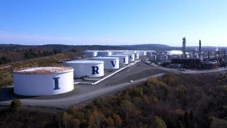 An aerial view of the Irving Oil property feature large barrels with the letters spelling Irving. 