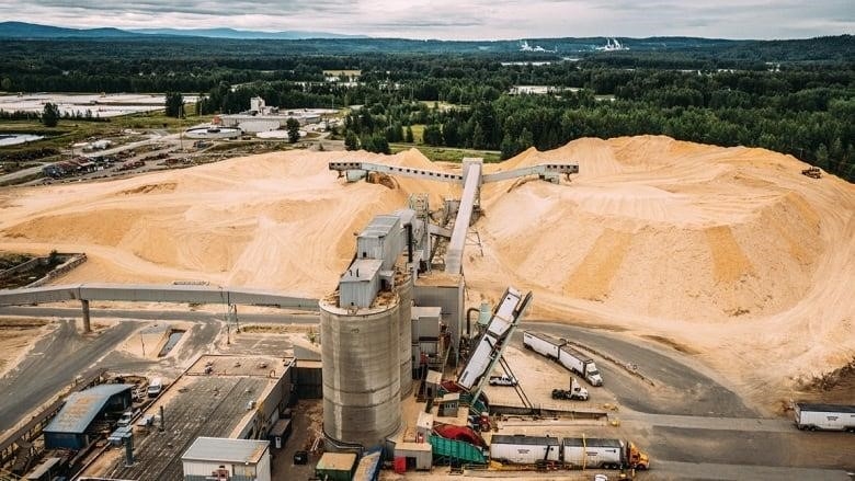 An aerial shot of a pulp mill.