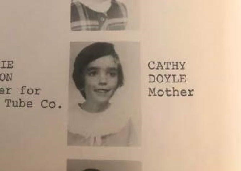 Cathie Ryan, then Doyle, pictured in 1970 when she was in kindergarten. The photo caption reads 'mother' as that was what Ryan wanted to be when she grew up.