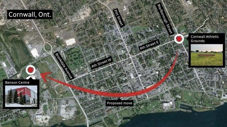 A map showing the proposed move of a sports field in Cornwall, Ont.