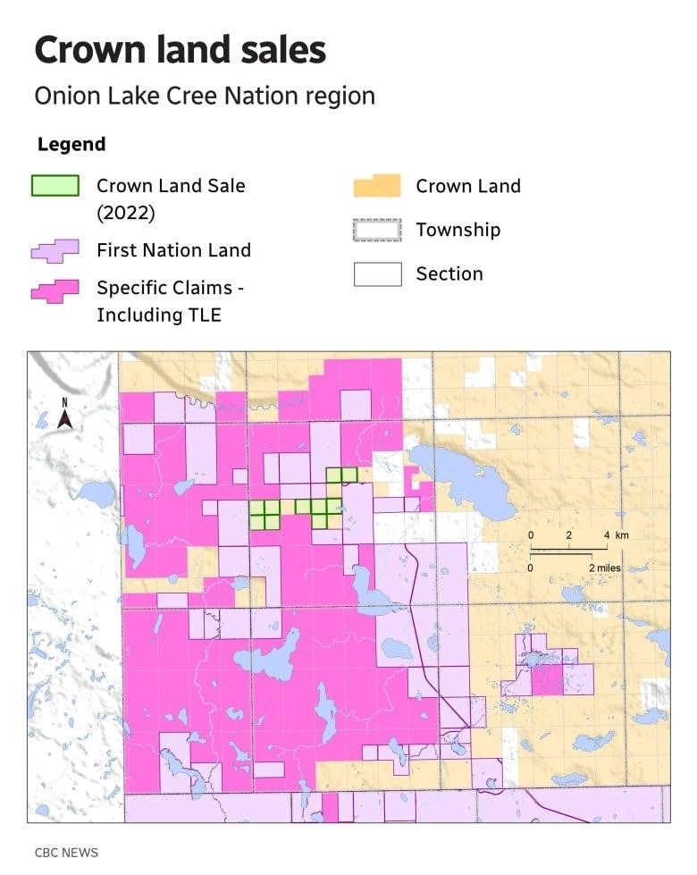 a map of the area around the Onion Lake Cree Nation shows squares and colours