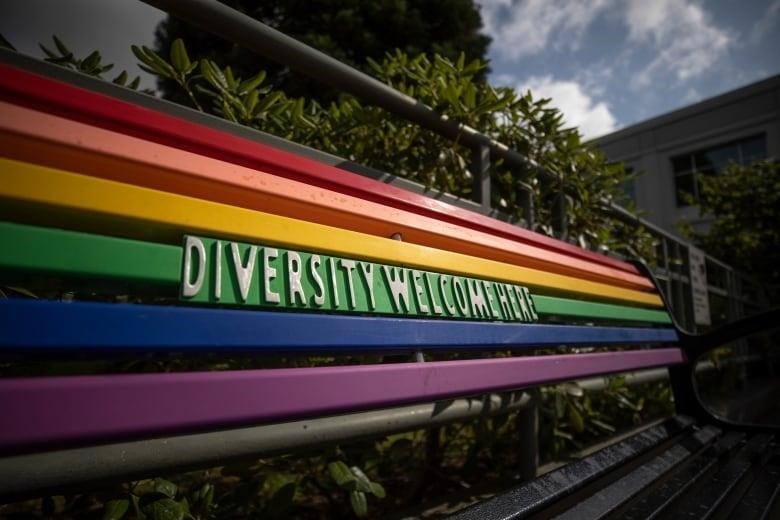 A rainbow-coloured bench with the words 'Diversity Welcome Here'.