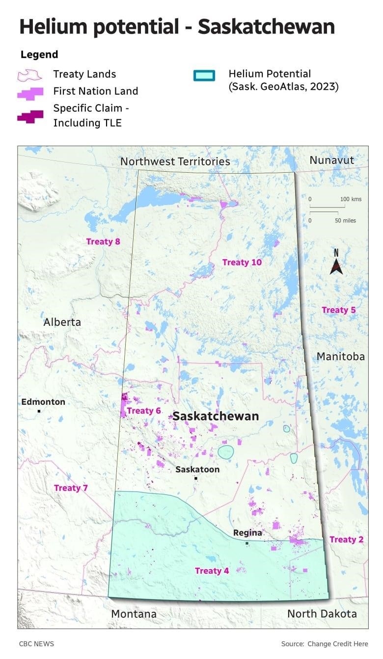 This map of Saskatchewan shows the helium mining potential — largely in Treaty 4.