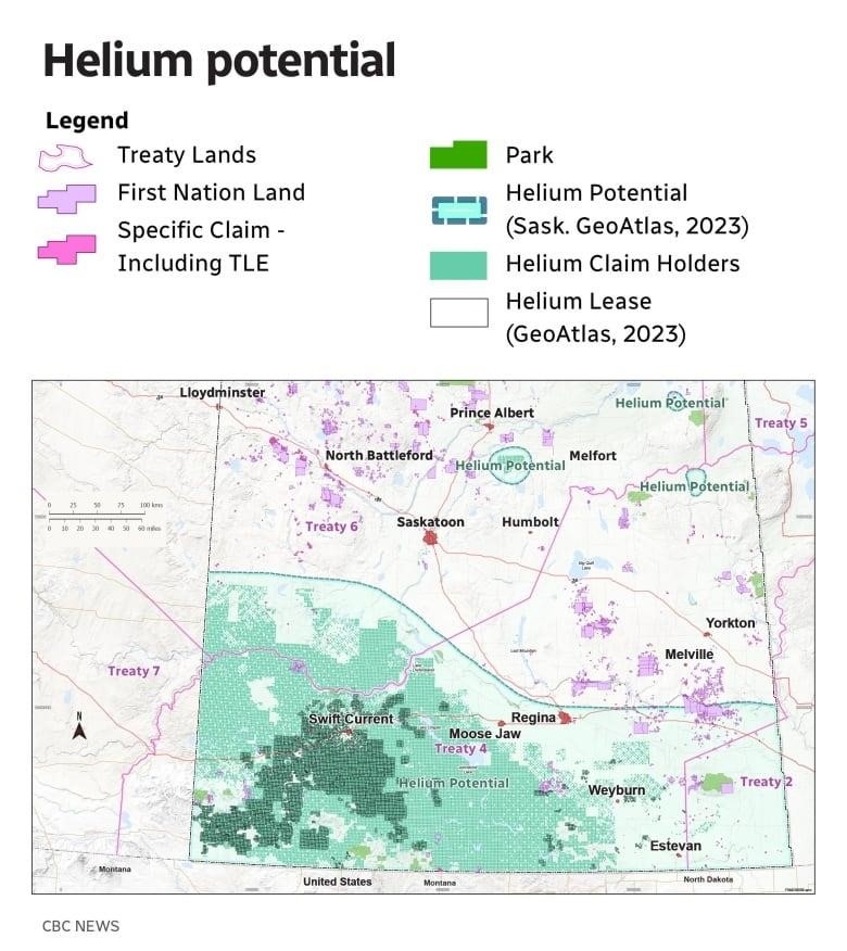 A map that shows the helium potential in First Nations communities in Treaty 4.