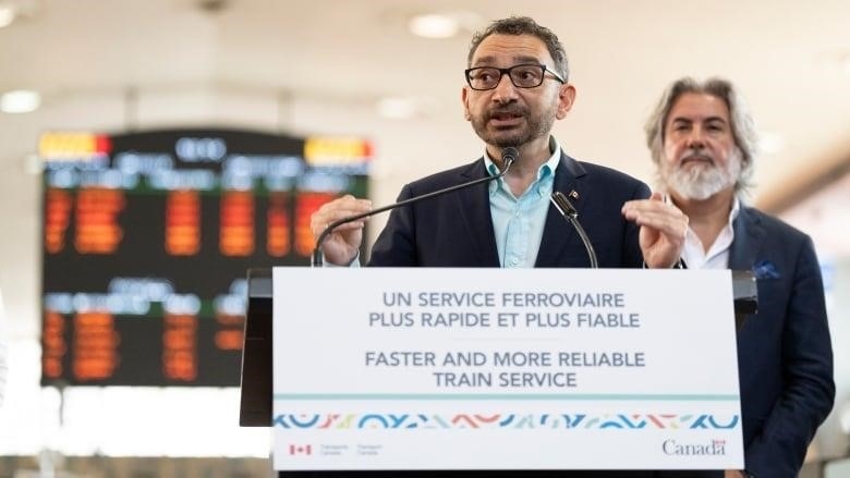 Minister of Transport Omar Alghabra, and Minister of Canadian Heritage Pablo Rodriguez, speak at a press conference regarding proposals for the High-Frequency Rail project in Montreal, Thursday, July 20, 2023.