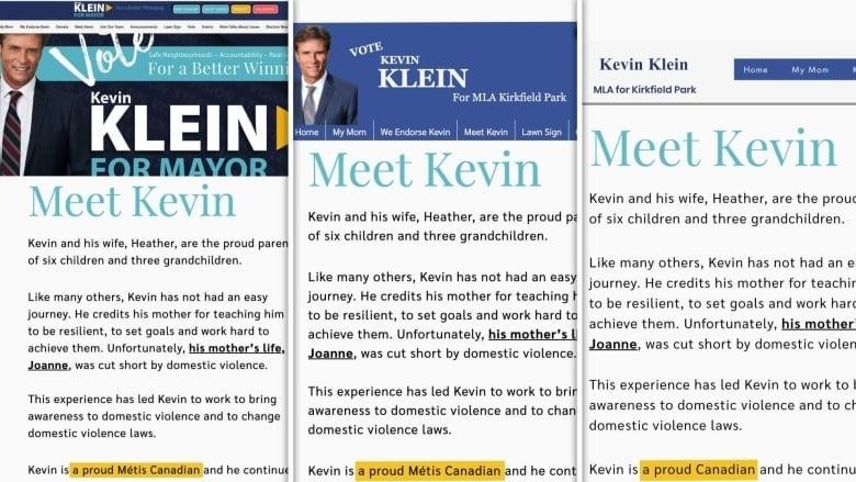 Screenshots show Kevin Klein's personal website during his mayoral run, during his run for MLA of Kirkfield Park and after he won his seat in the legislature. The word Métis was removed from that version of his website.