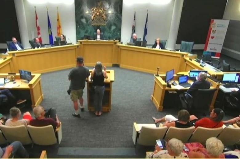 Two people stand at a podium in a council chambers, addressing members of city council.