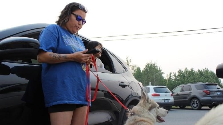 A woman in a blue t-shirt leans against a car, holding the leash of a dog, with a small child visible in the rear window.