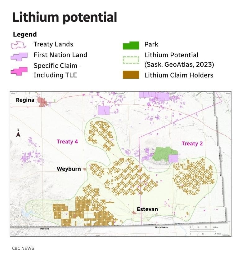 A map that shows the lithium potential in First Nations communities in Saskatchewan.