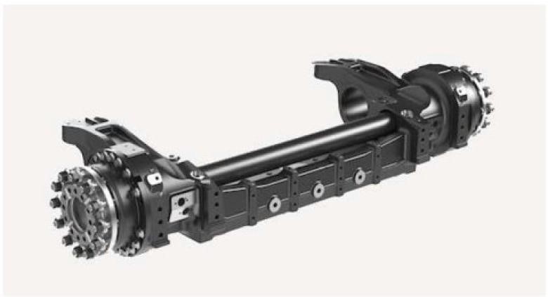 A technical image of a light rail train axle assembly.