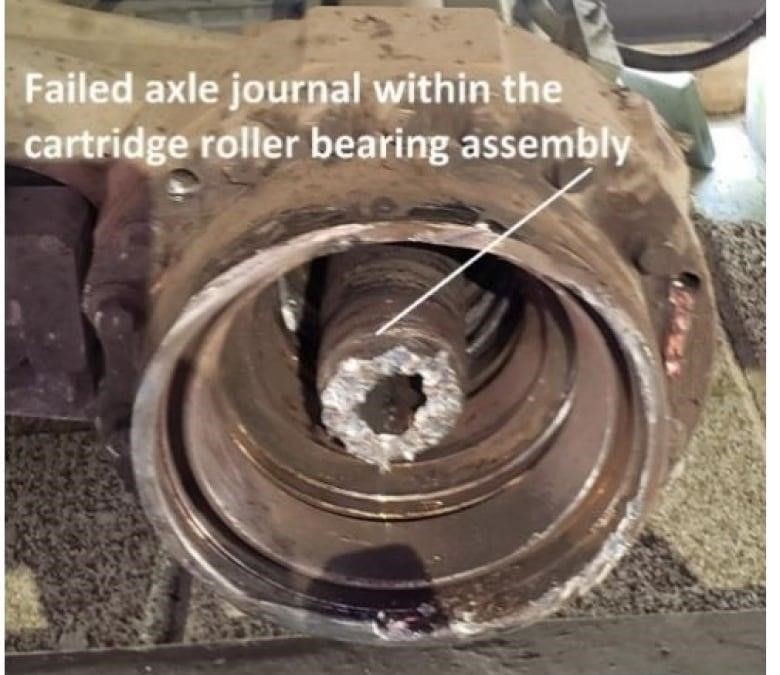 A rusty boken train wheel with words over it reading 'failed axle journal within the cartridge roller bearing assembly.'