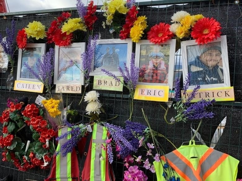 Memorial photos of five construction workers are shown.