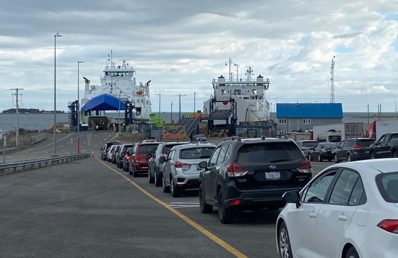Two ferries docked with lineup of cars waiting to board