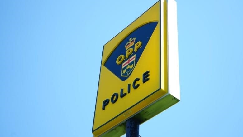 A yellow sign with a crest and the word "Police."