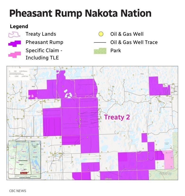 A map shows horizontal drilling of oil and gas wells around Pheasant Rump Nakota Nation in Saskatchewan.