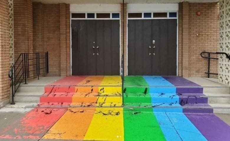 Rainbow-painted steps at the United Church in Ponoka were vandalized for the first time this year. 