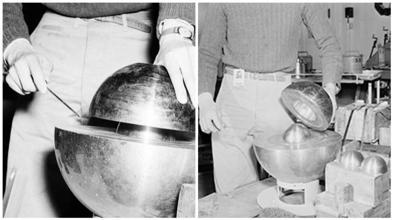 Side-by-side black-and-white photos show a man's hands holding a silver sphere.