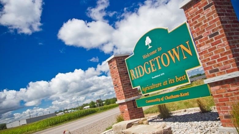 A welcome sign to Ridgetown, Ont., is shown. The Chatham-Kent community is on the east side of the municipality.