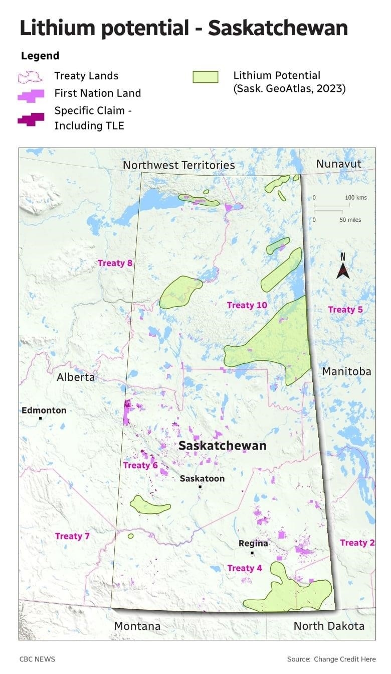 A map of Saskatchewan highlights lithium mining potential in the province.