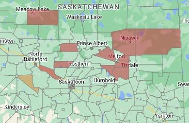 Map outlining where  there are outages in Saskatchewan