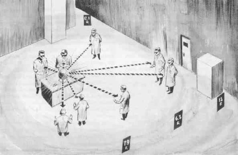 A black and white sketch shows seven people at various distances from a table on which is a round orb.