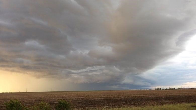 Dark clouds over field in Saskatchewan.