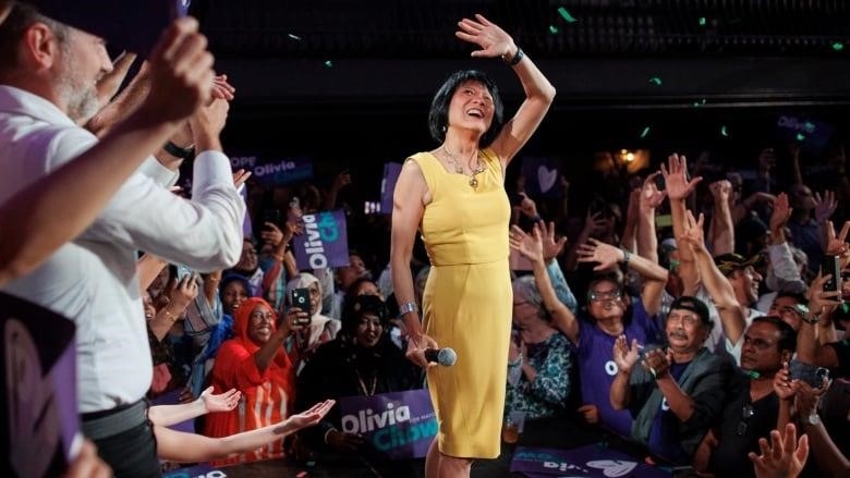 Mayor elect Olivia Chow addresses a crowd at The Great Hall, in Toronto, on June 26, 2023.