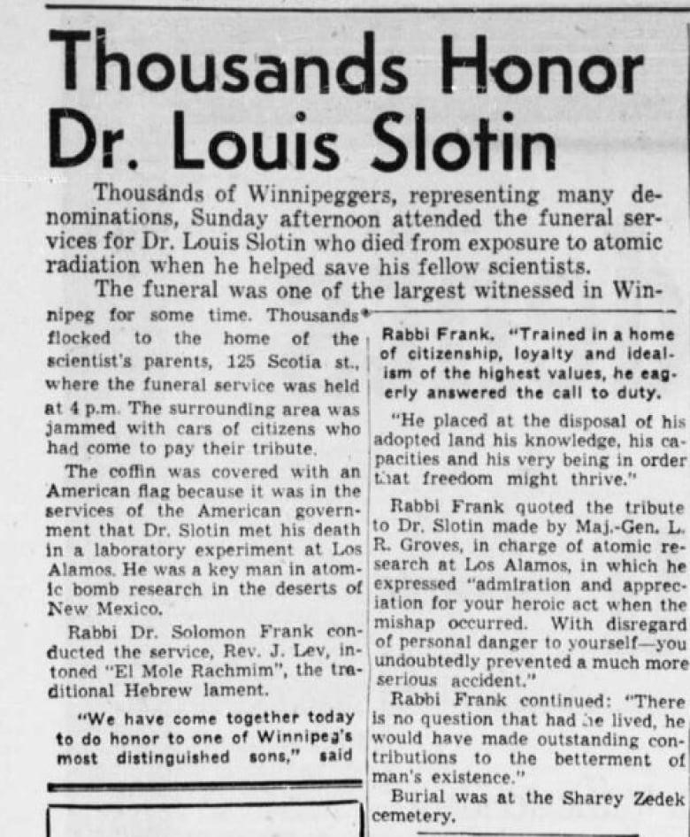 A newspaper article with the headline Thousands Honour Dr. Louis Slotin