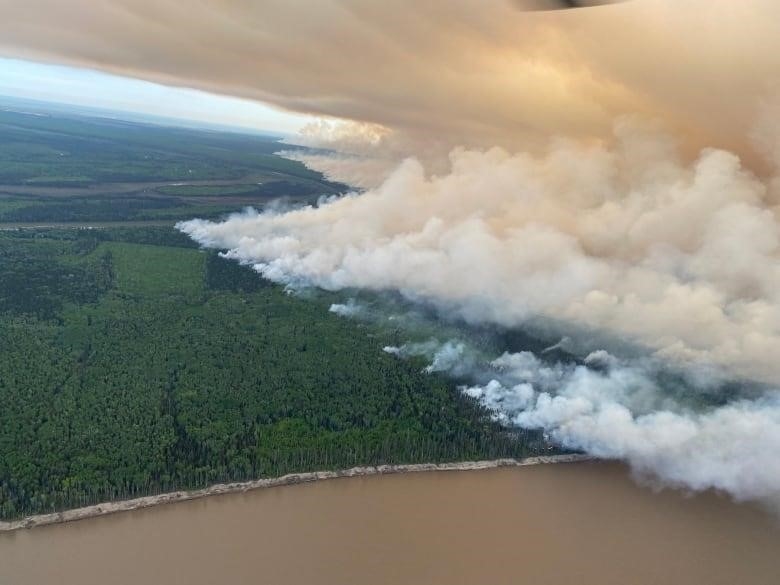 Billows of smoke rise high into the sky in an aerial photo over forest.