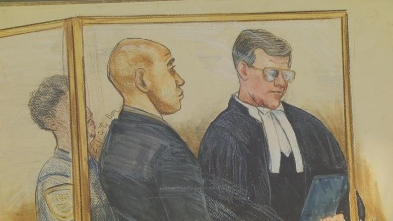 A Black man is seen with an advocate in legal robes and another person in the defendant box in a court sketch.