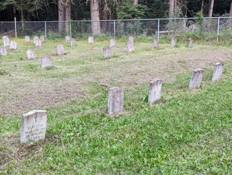 Rows of small, cement headstones in an open, grassy area