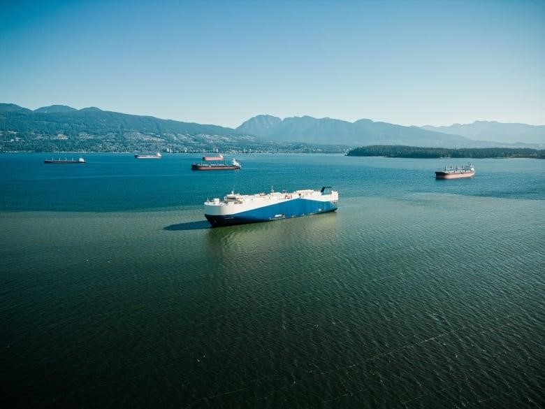 A wide shot showing ocean-going cargo ships and tankers anchored in English Bay in Vancouver, B.C., on a calm sea with mountains in the background.