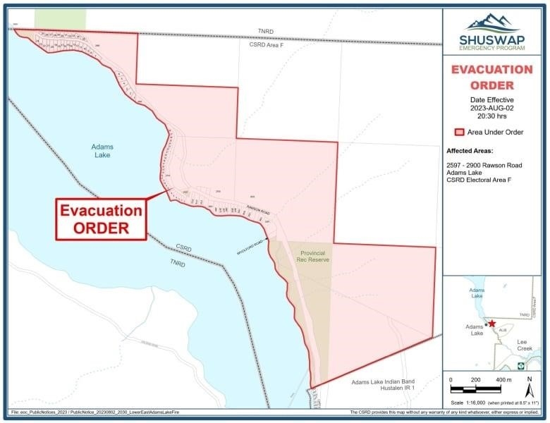 An area in southeast Adams Lake is highlighted in red to indicate an evacuation order.
