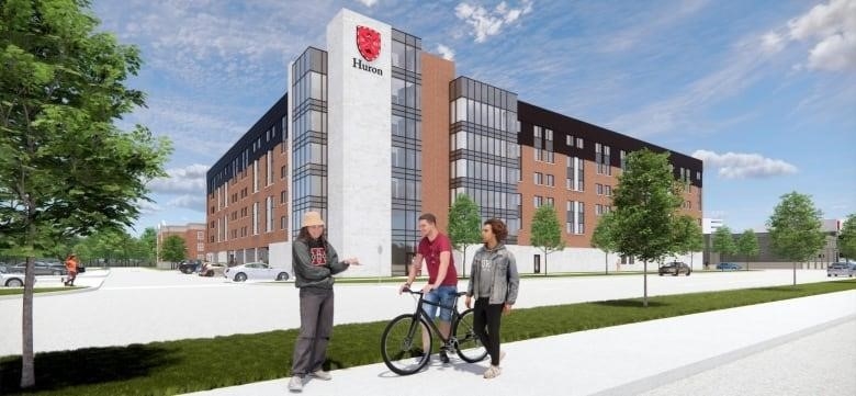 A rendering of an on-campus residence building, with three people in front of it conversing.