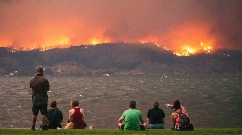 Six people sit while watching a hillside burn in the distance. 