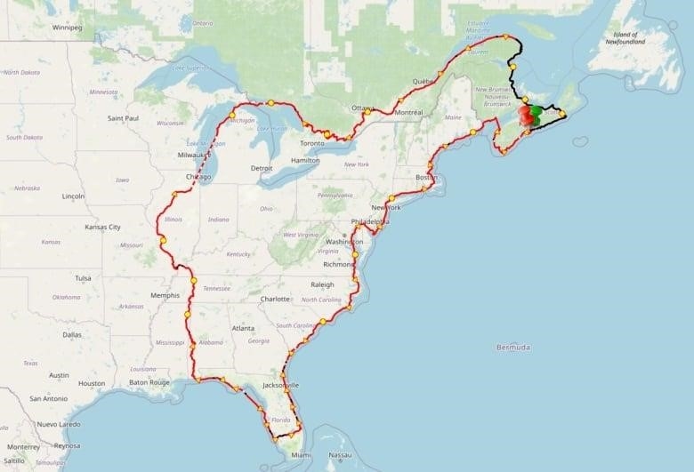 A map of the Maritimes and the eastern United States shows Fuhrmann's route since June 2022.