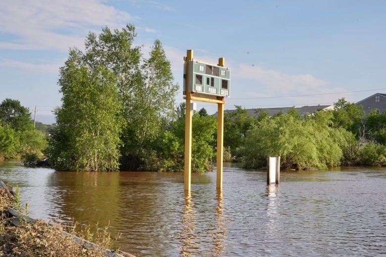 A sign in a baseball field is seen completely surrounded by water.