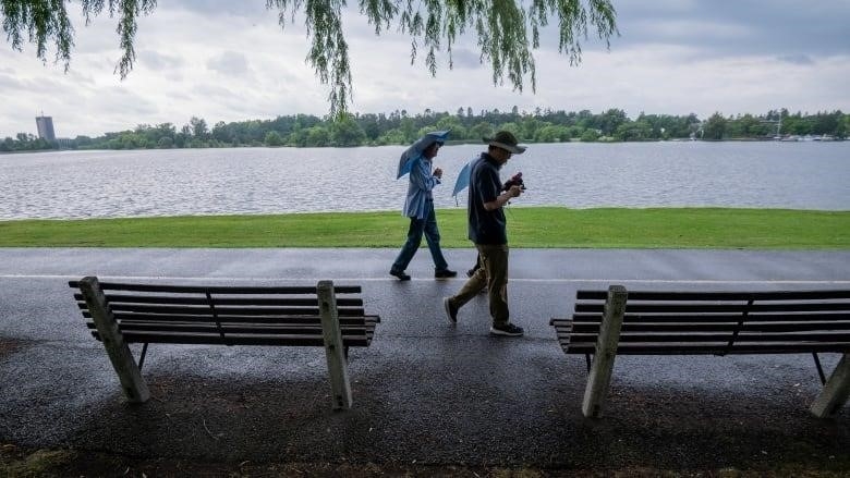 Three people walk on a lakeside path.