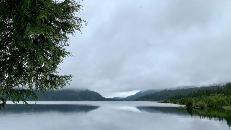 A lake stretches out into the horizon.